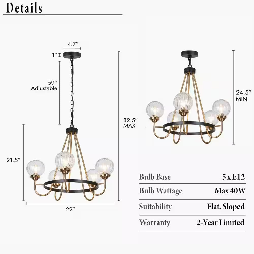 5-Light Brass Chandelier Lighting, Sputnik Pendant Lights for Kitchen Island, Modern Black Chandelier with round Glasses