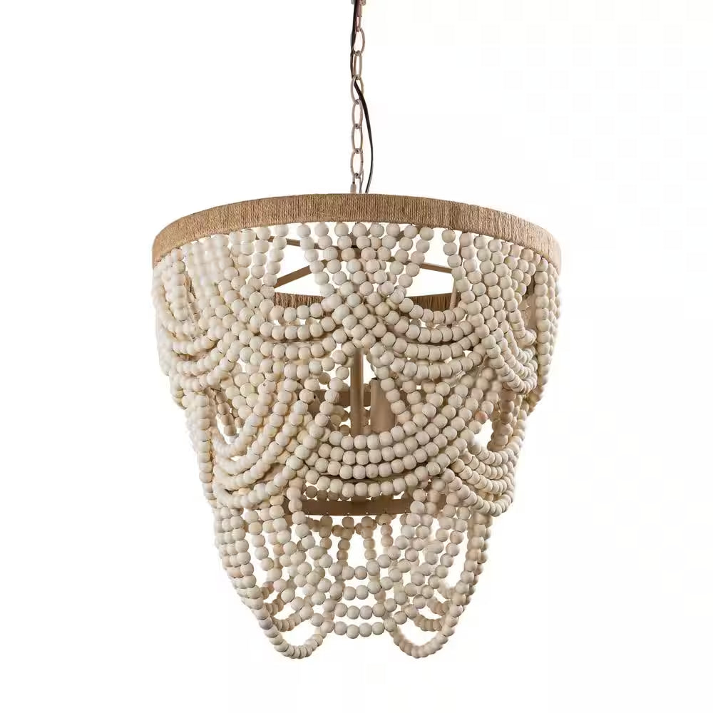 Modern Boho Dining Room Chandelier 4-Light Distressed White Island Chandelier with Wood Beads and Rope