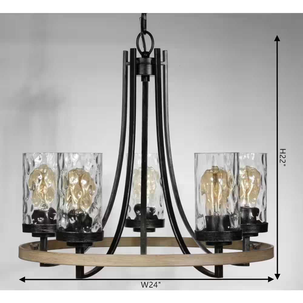 Gaston 5-Light Weathered Gray Rustic Farmhouse Wagon Wheel Chandelier with Distressed Oak Accents and Water Glass Shades