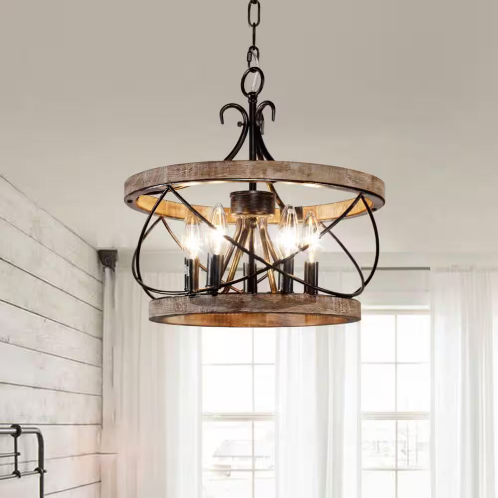 Farmhouse 5-Light Weathered Wood Cage Rustic Chandelier, Adjustable Height Industrial Pendant Dining Room Ceiling Light
