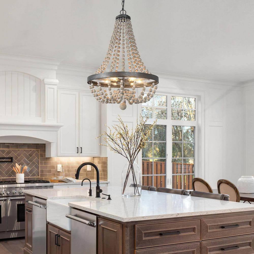 Farmhouse Brushed Black Crystal Beaded Chandelier 6-Light Wood Island Basket Pendant Lighting for Dining Room