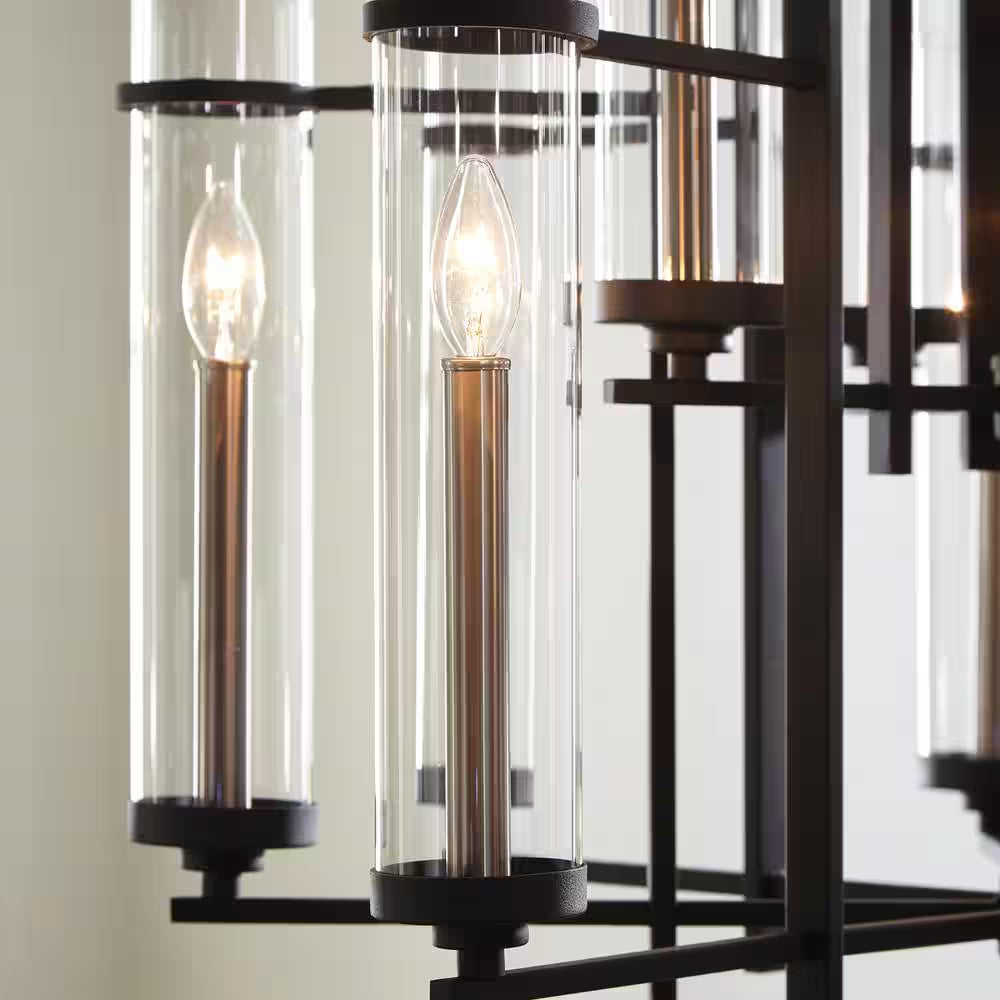 Ethan 12-Light Antique Forged Iron/Brushed Steel Contemporary Industrial Multi-Tier Hanging Candlestick Chandelier