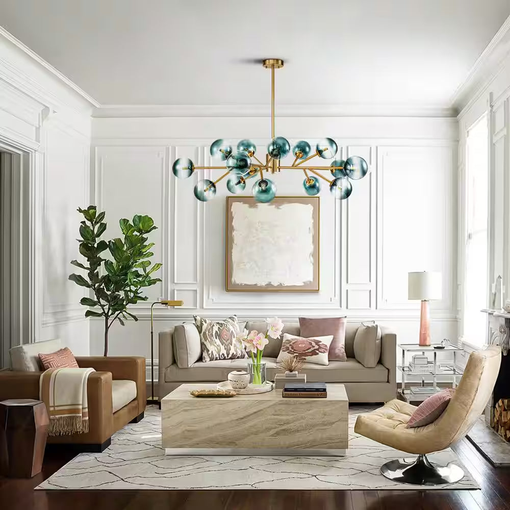 Julian 15-Light Brushed Gold Modern Glass Globe Bubble Chandelier