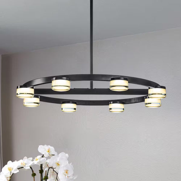 8-Light 32 In. W Modern Contemporary Wagon Wheel Circle Integrated LED Chandelier in Matte Black Buld Included