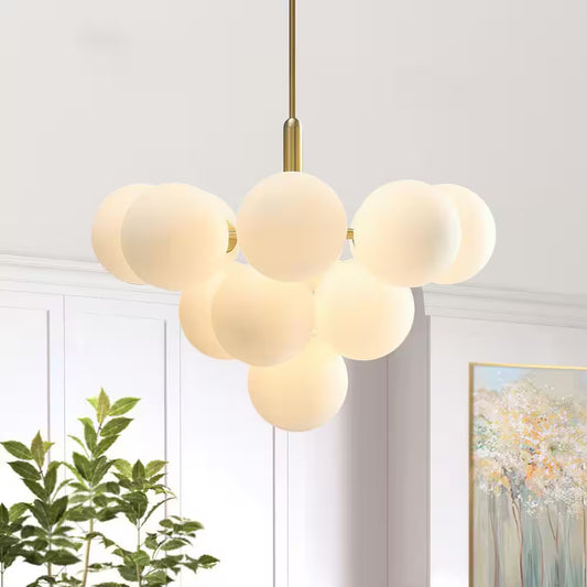 13-Light Brass Mid Century Modern Bubble Globe Chandelier Cluster Pendant Lighting Fixture with Milk White Glass Shade