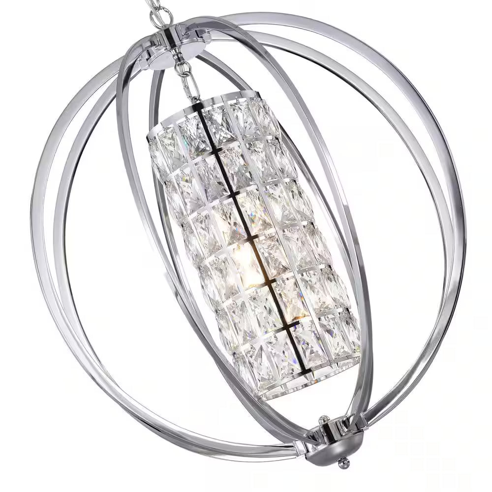 Orbit 3-Light Chrome Globe Orb Glam Chandelier with Crystal Lined Cylinder Shade