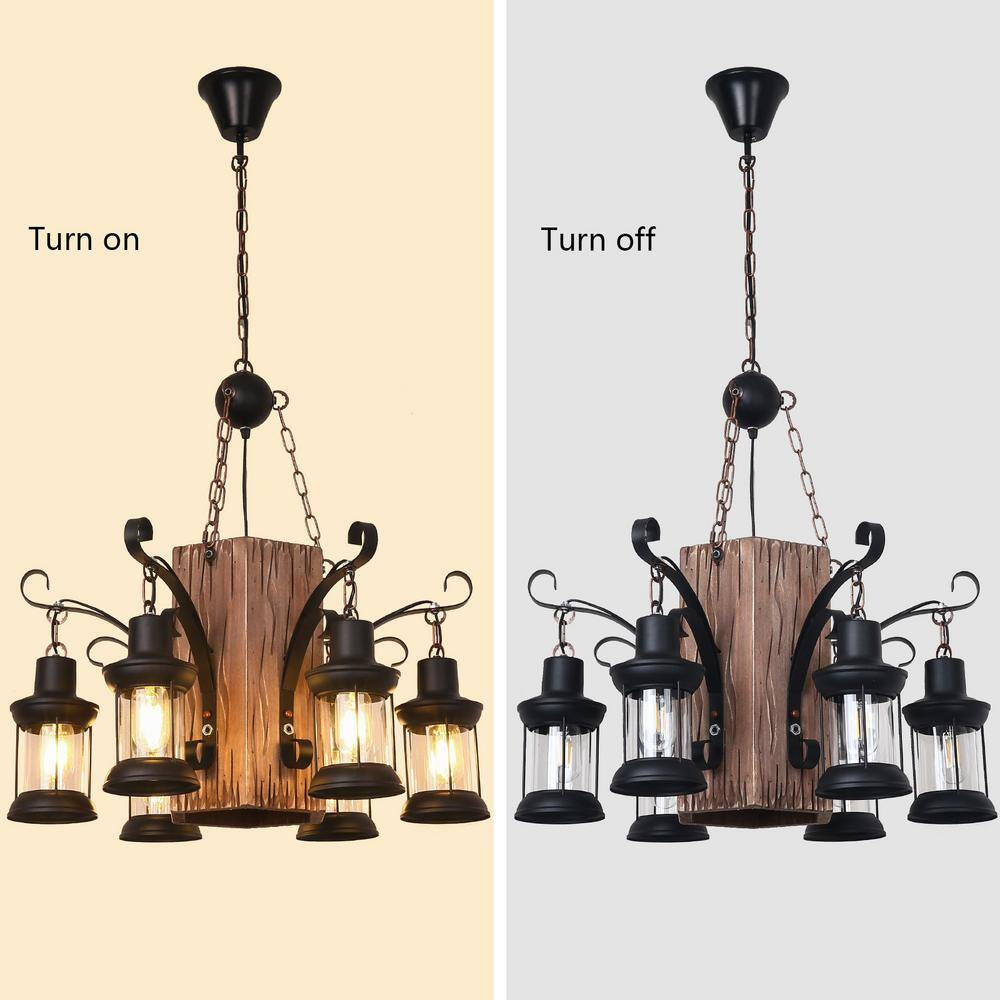 23 In. 6-Light Black Retro Rustic Wooden Chandelier for Dining Room, No Bulbs Included