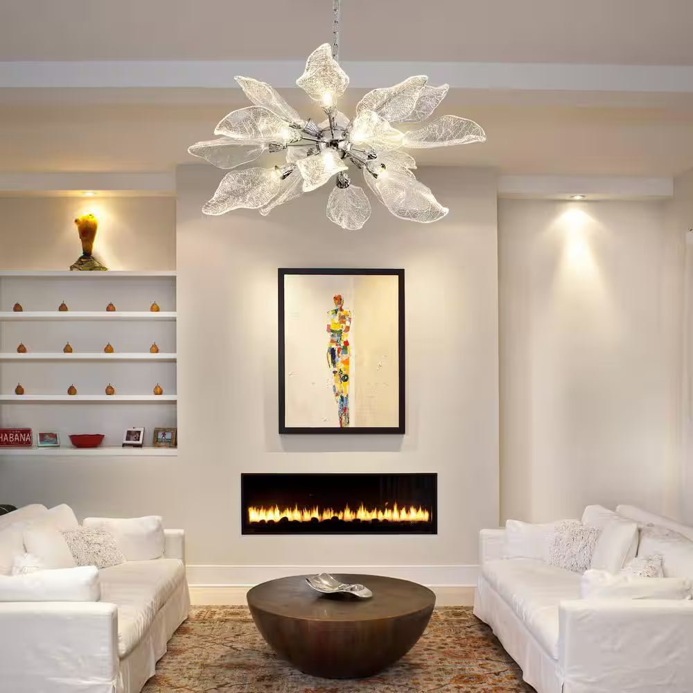 D31.5 In. 18-Light Silver Modern Chandelier, Crystal Leaf Chandelier for Bedroom, Dining Room, Living Room, Foyer