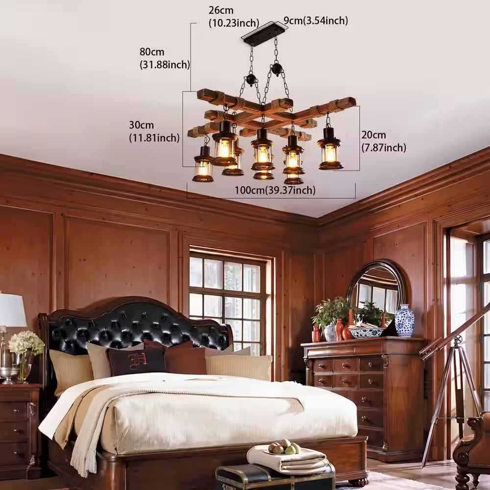 39 In. 8-Light Vintage Industrial Brown Wooden Farmhouse Chandelier