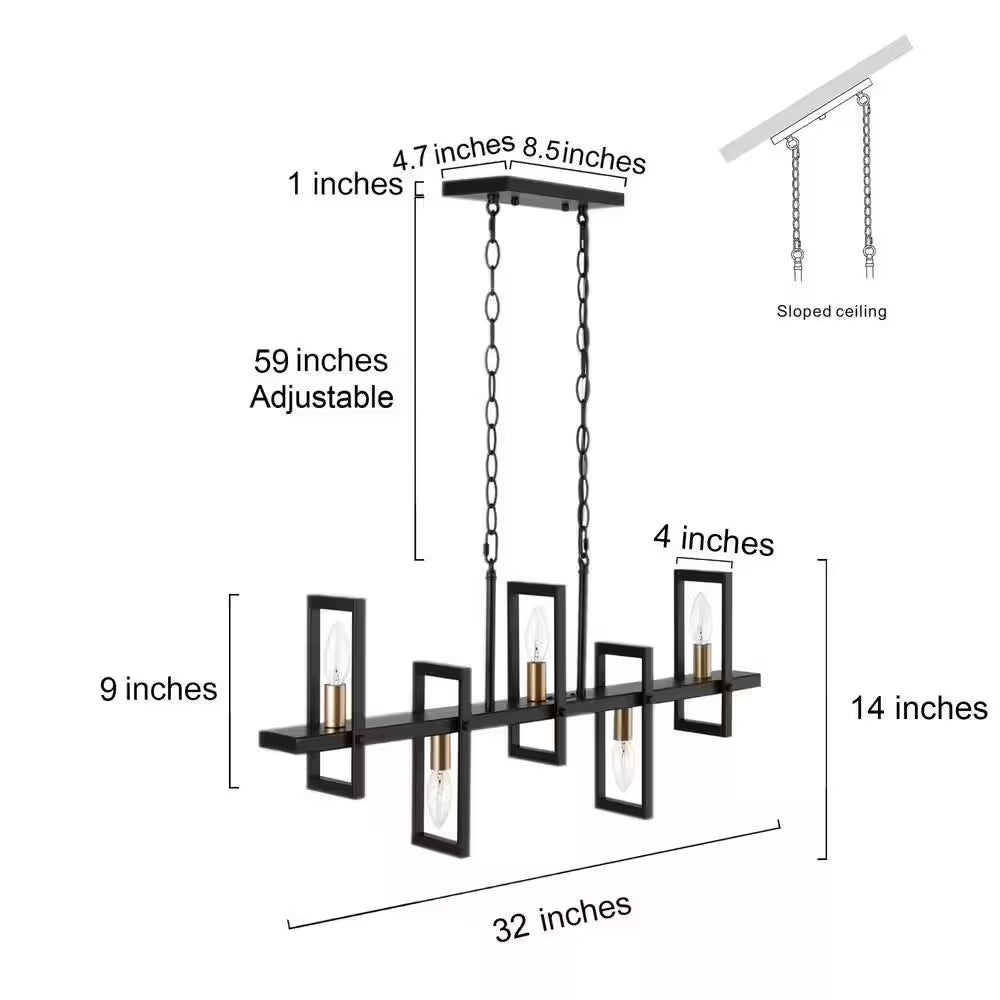 Modern Rectangle Dining Table Chandelier Transitional 5-Light Black and Brass Kitchen Island Candlestick Chandelier
