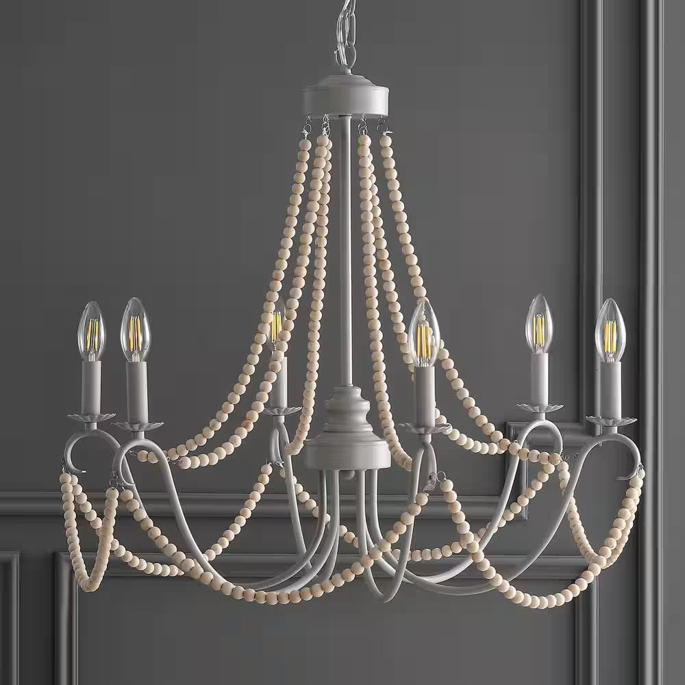 Rustica 6-Light 27 In. Grey/Natural Adjustable Greige Metal/Wood Bead LED Chandelier