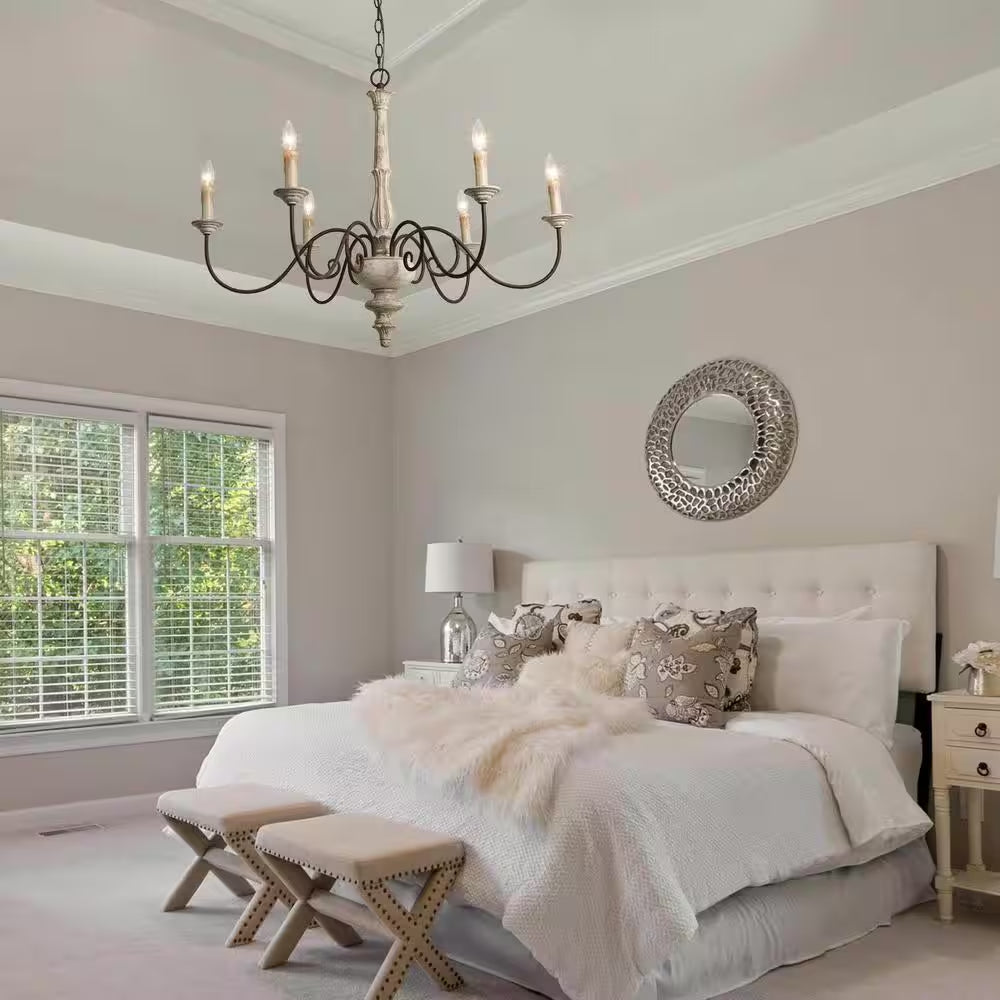 37 In. W Wood Candlestick Chandelier 6-Light Distressed White Farmhouse Chandelier Living Room with French Country Flair