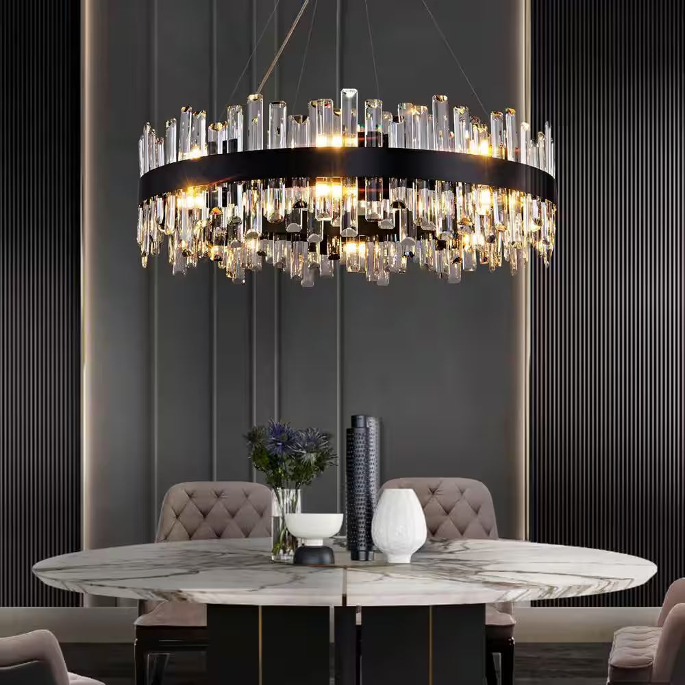 31.5 In. 16-Light Black Crystal Chandelier, Modern round K9 Crystal Hanging Pendant Ceiling Light Fixture