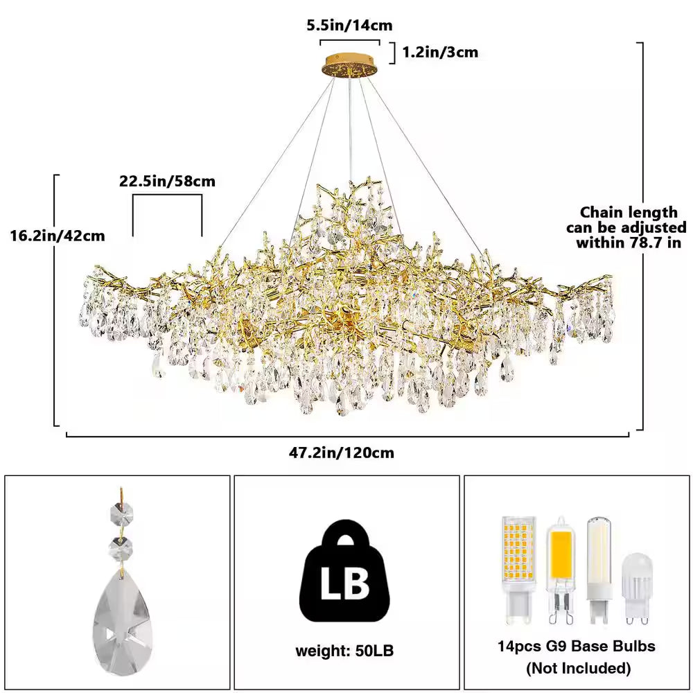 14-Lights Gold Luxury Crystal Linear Chandelier, Modern Tree Branch Chandelier for Dinning Room, Kitchen, Living Room