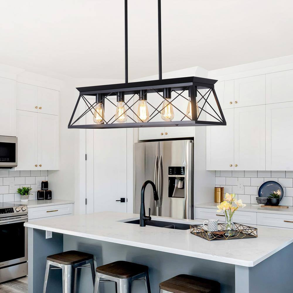 Industrial Series 5-Light Chandelier, Matte Black Finish, Modern Shape, Suitable for Living/Dining Room