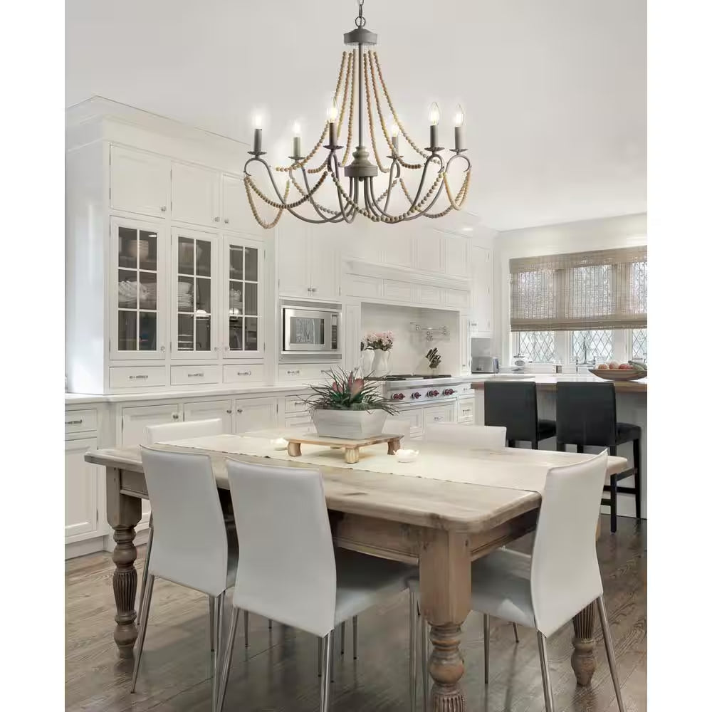 Rustica 6-Light 27 In. Grey/Natural Adjustable Greige Metal/Wood Bead LED Chandelier