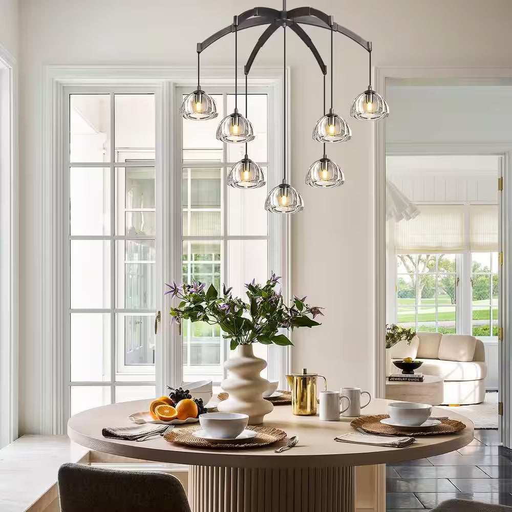 7 Light Hemisphere round Chandelier, 34 In. Black Dining Room Chandelier,Staircase Bedroom Chandelier, Modern Chandelier