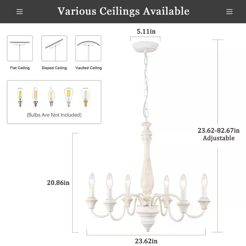 6-Light Distressed White Classic Chandelier for Dining Room Candle Light Fixture