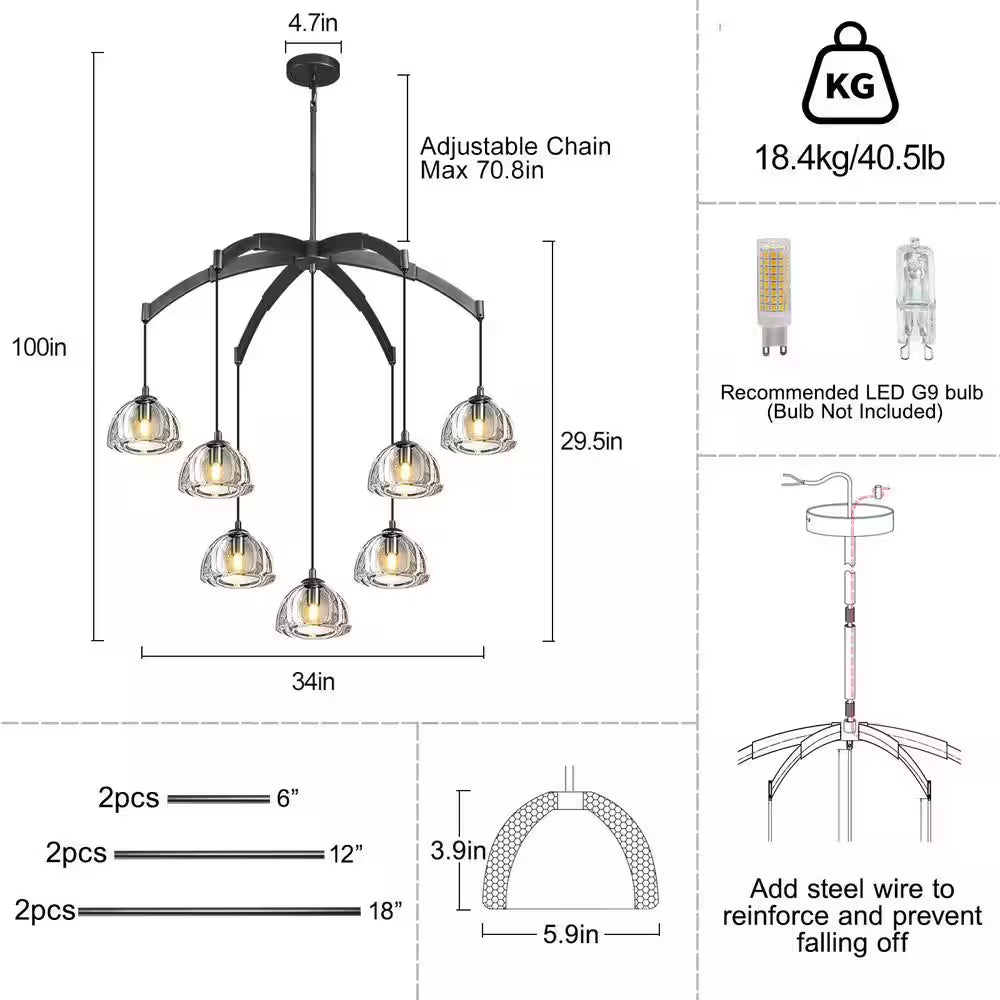 7 Light Hemisphere round Chandelier, 34 In. Black Dining Room Chandelier,Staircase Bedroom Chandelier, Modern Chandelier