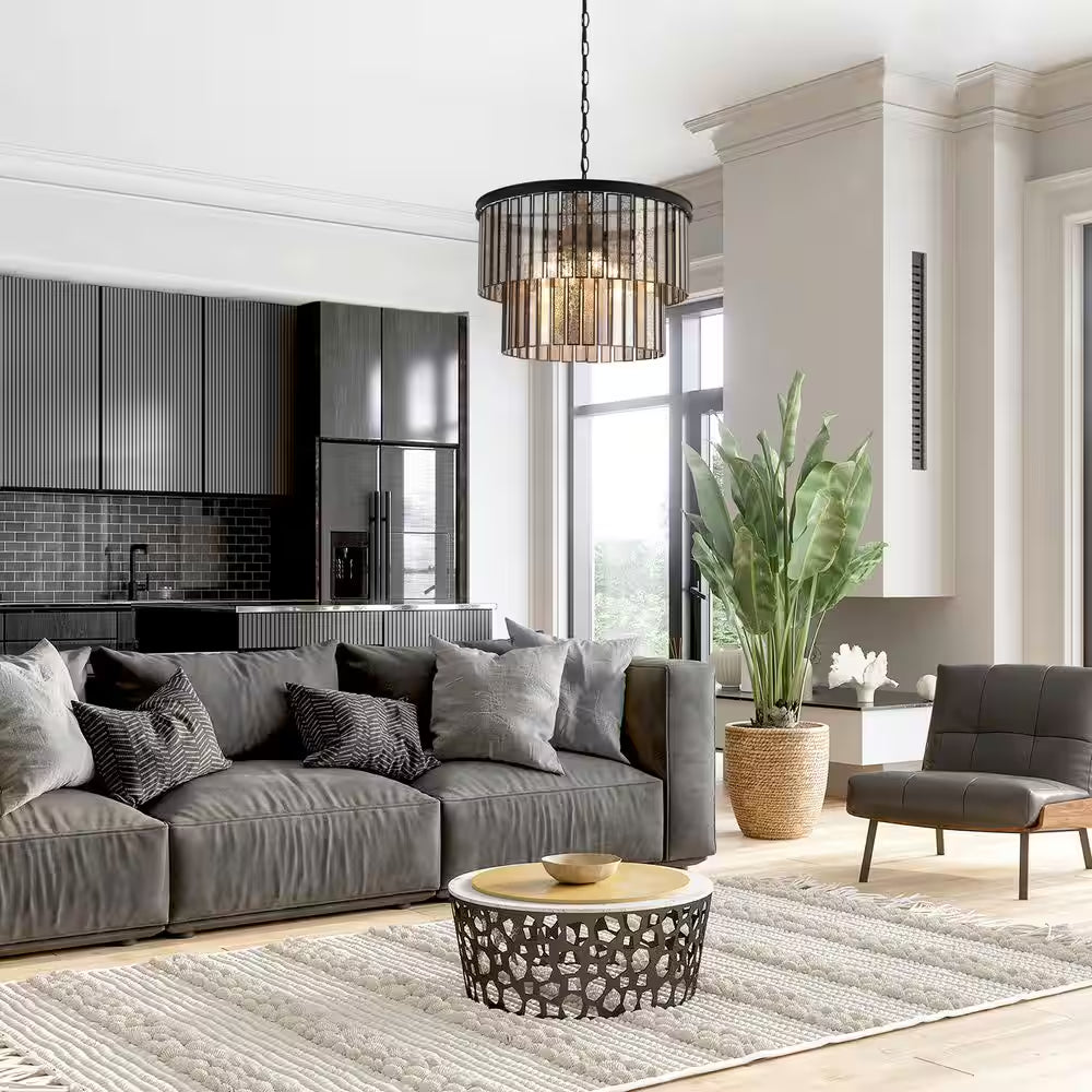 Hemera 4-Light Black Modern Drum Chandelier with 2-Tier Plated Mercury Glass Shade Living Room Silvered Hanging Light