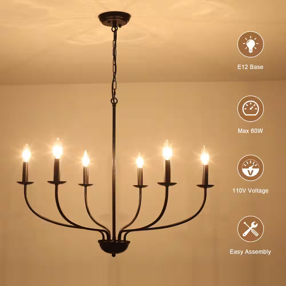 6-Light Black Linear Chandelier for Dining Room, French Country Candlestick Chandelier