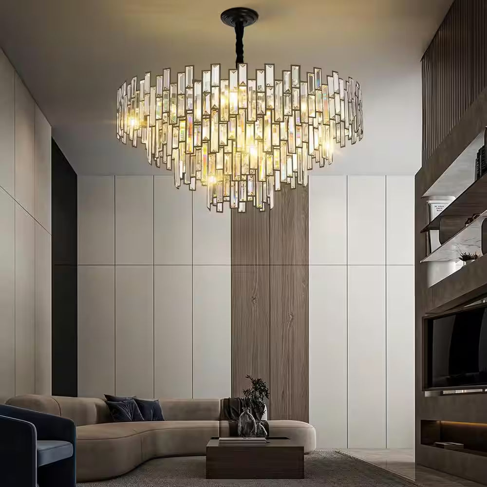 31.5" Modern Chandelier 19-Light 4-Tier Black round K9 Crystal Chandelier for Dining Room,Living Room,Entryway and Foyer