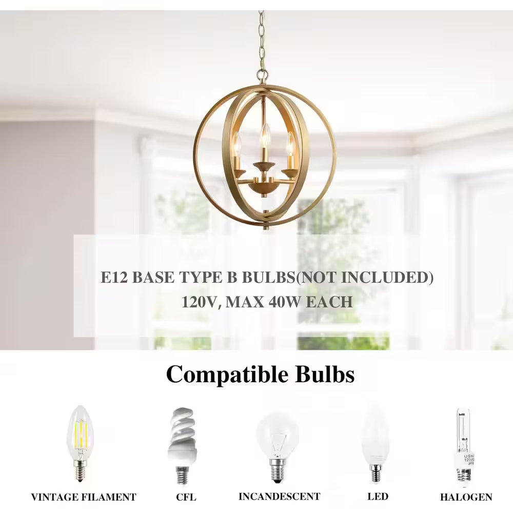 Modern Chandelier Pendant Light 3-Light Gold Globe Cage Dining Room Chandelier