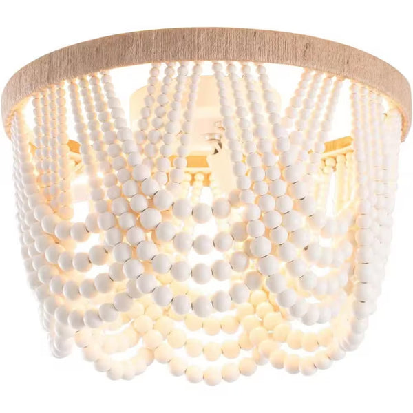 12.6 In. 3-Light Antique Rustic White Flush Mount Bohemia Wood Beaded Ceiling Light Mini Chandelier
