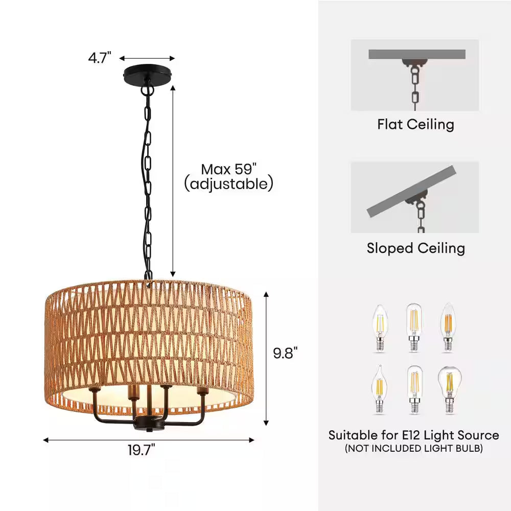 19.7 In. 4-Light Rattan Yellow Bohemin Chandelier for Foyer Dining Room