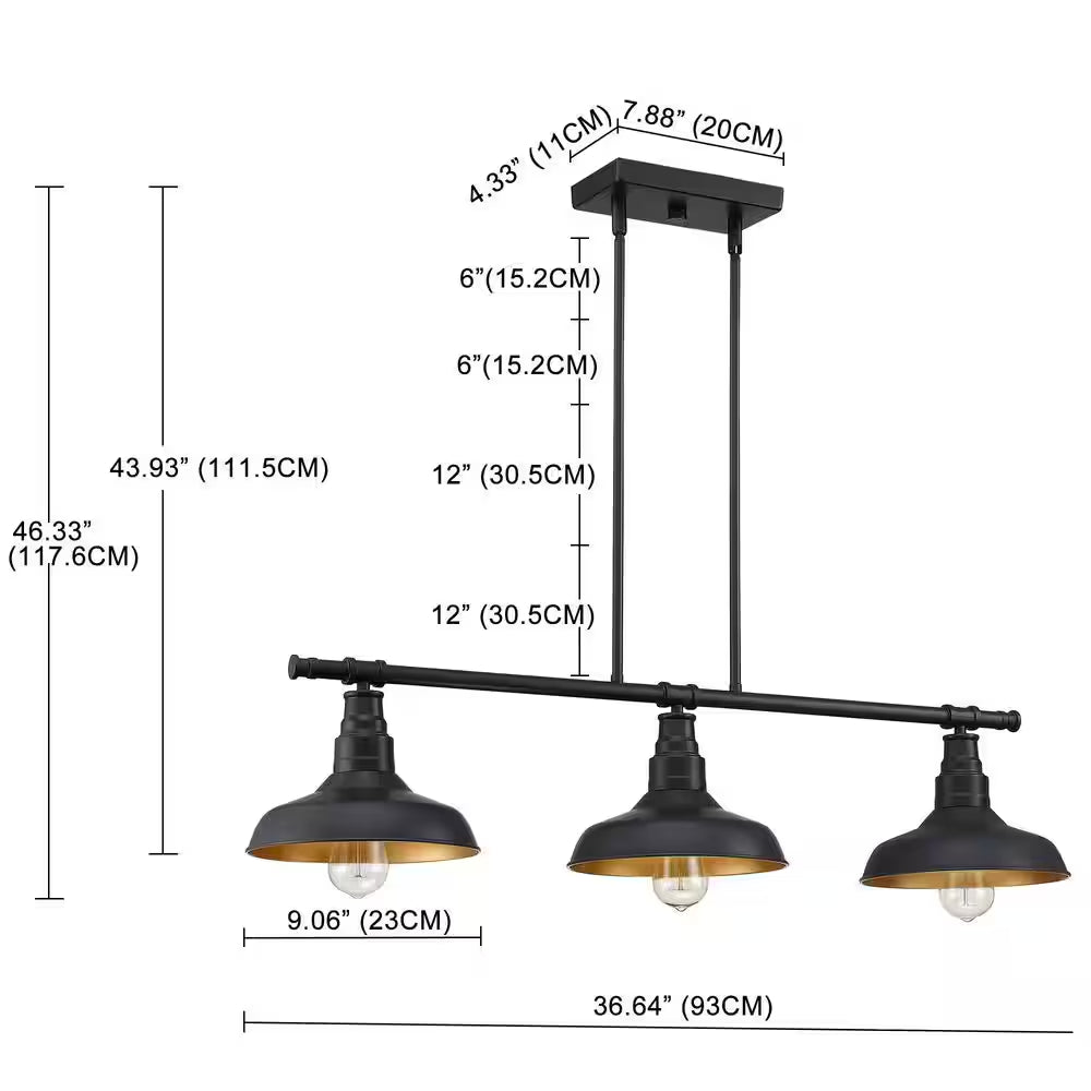 3-Light Black Industrial Island Chandelier with Metal Shade