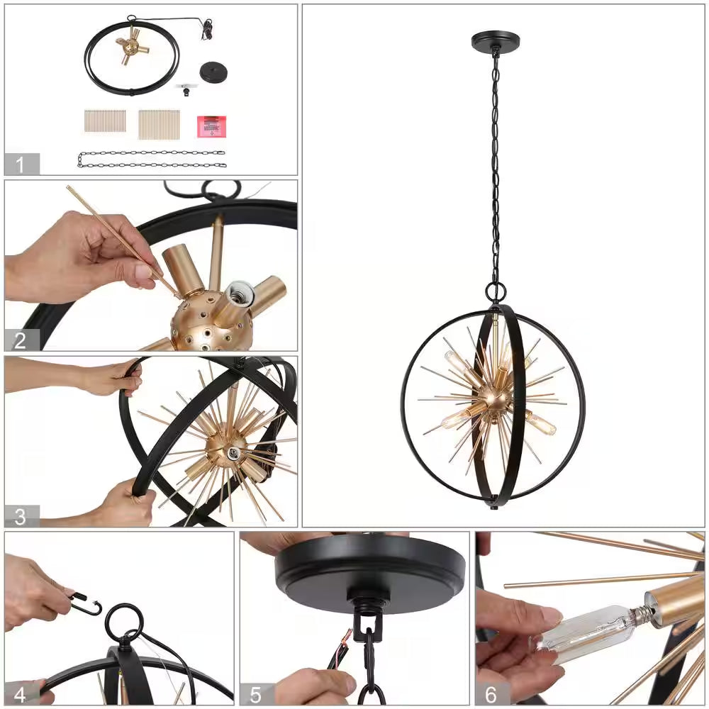 Modern Globe Chandelier Pendant Light Cali 6-Light Black & Brass round Dining Room Chandelier