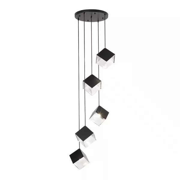 Noiredge Ice Cube 5-Light Black Pendant Cluster, Stairway Staircase Multi-Chandelier
