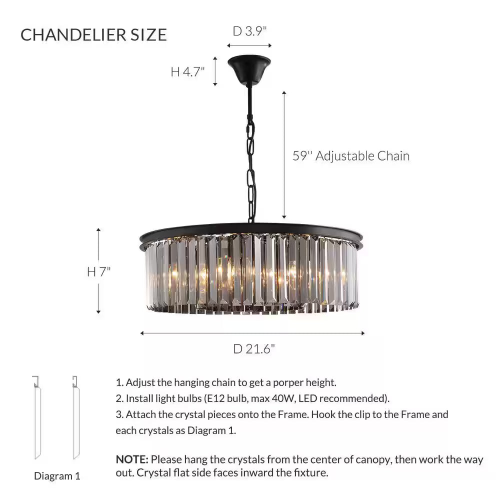 22 In. 6-Light Black Farmhouse Pendant Light Fixtures Crystal Drum Chandelier Dining Room Pendant Lighting