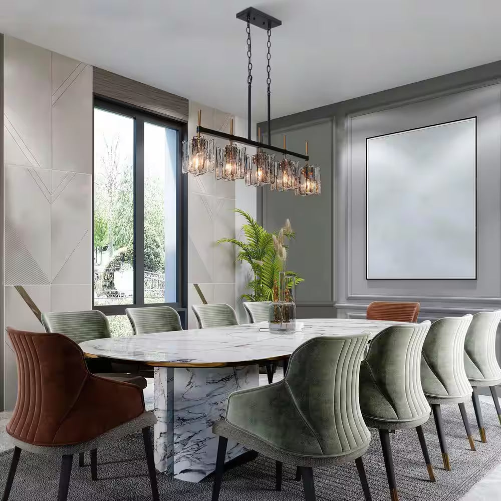 Echonalyri Modern 5-Light Glam 35.4 In. W Black and Brass Island Chandelier with Geometric Gray Textured Glass Shades
