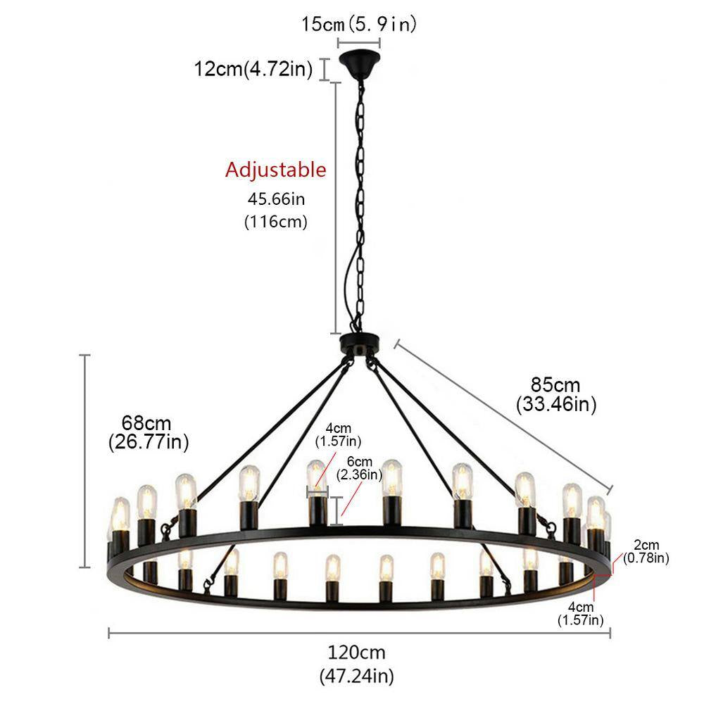 Industrial 24-Light Vintage Black Wagon Wheel Chandelier