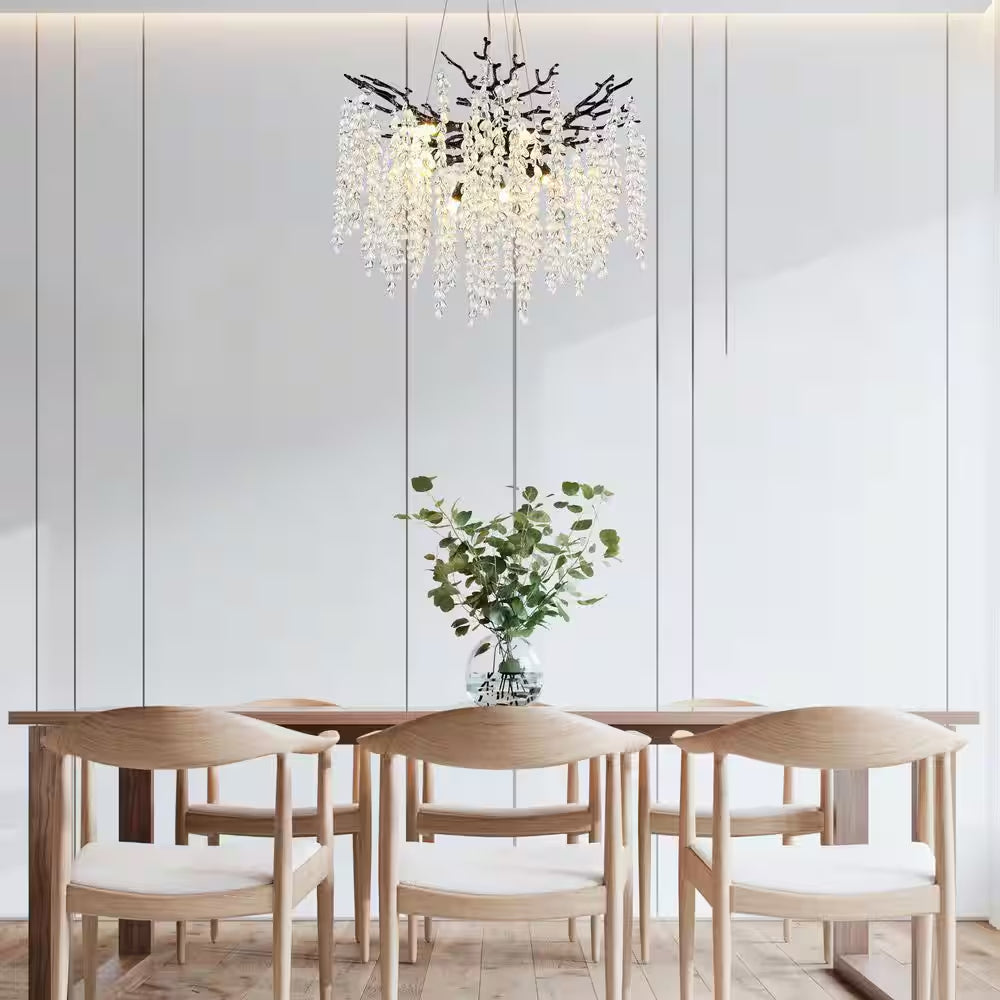 24" 8-Light Modern Crystal Chandelier Black Tree Branch round Chandelier for Dining Room, Living Room, Bedroom, Entryway