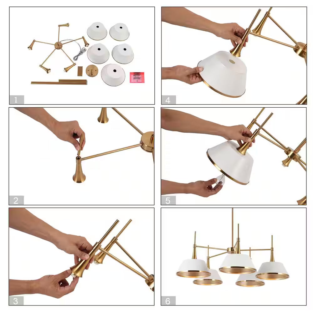 Modern 5-Light Matte White and Plated Brass Chandelier Contemporary Island Ceiling Light with Bell Shade for Living Room