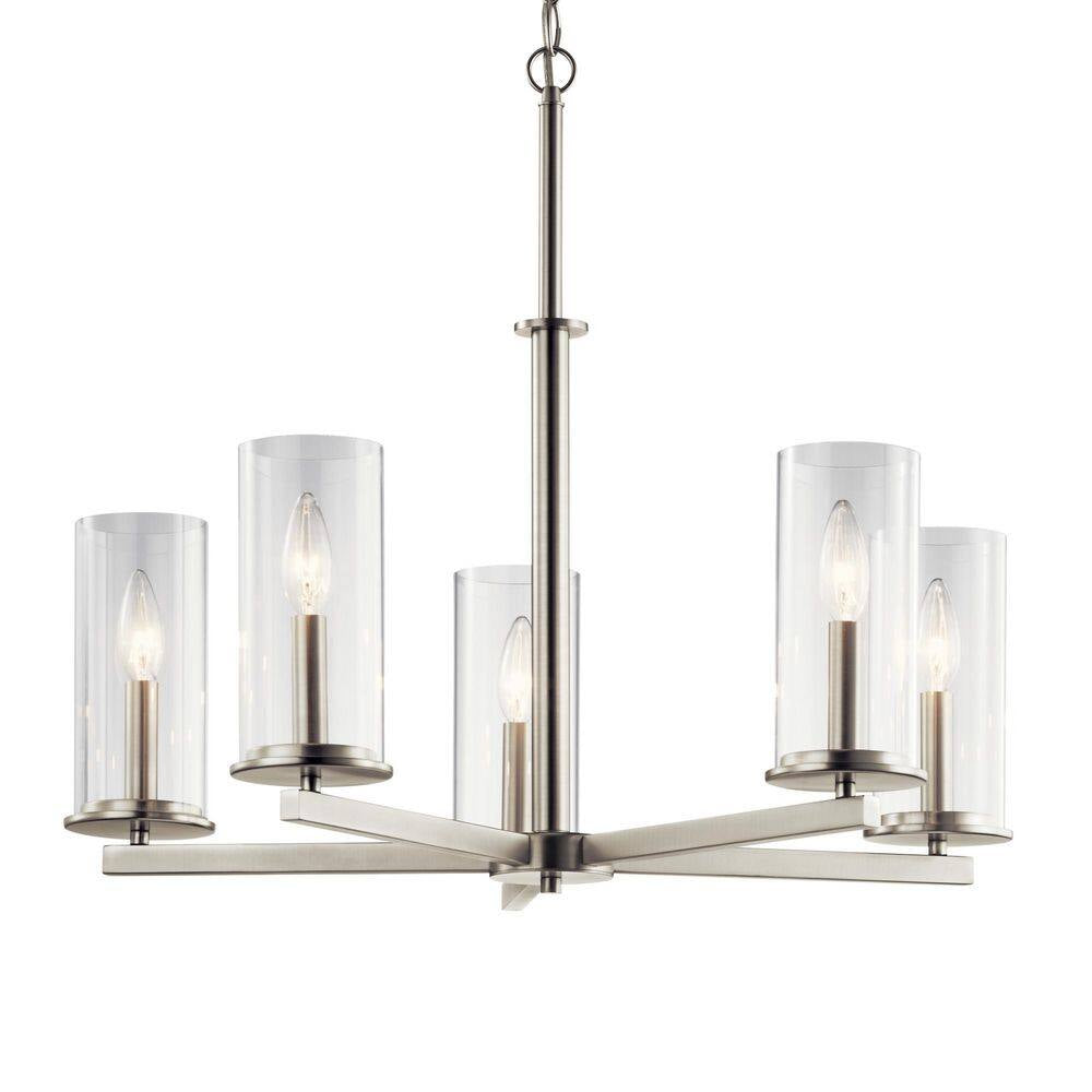Crosby 26.25 In. 5-Light Brushed Nickel Contemporary Candlestick Cylinder Chandelier for Dining Room