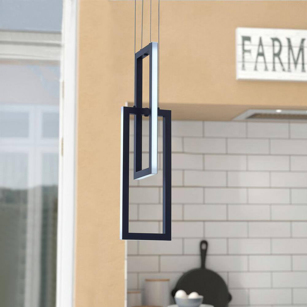 32-Watt 2-Light Square Black Integrated LED Pendant Light Adjustable Contemporary Chandelier