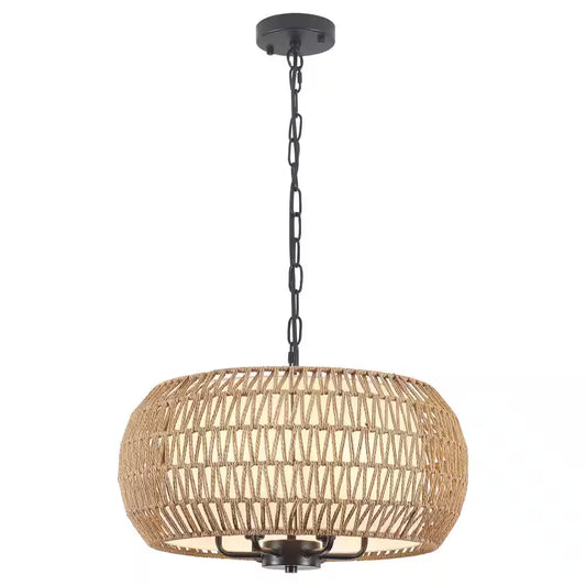 6-Light Black Bohemian Drum Chandelier with Straw Woven Shade for Kitchen Island