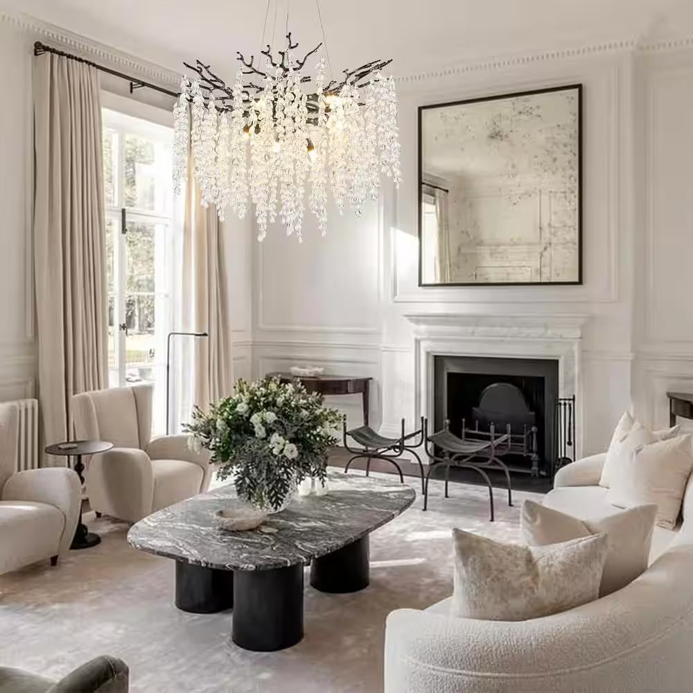 24" 8-Light Modern Crystal Chandelier Black Tree Branch round Chandelier for Dining Room, Living Room, Bedroom, Entryway