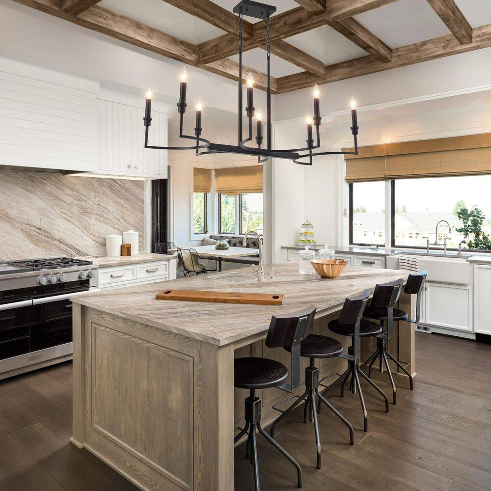 Industrial 8-Light Black Linear Classic-Candle-Style Chandelier for Kitchen Island with No Bulbs Included