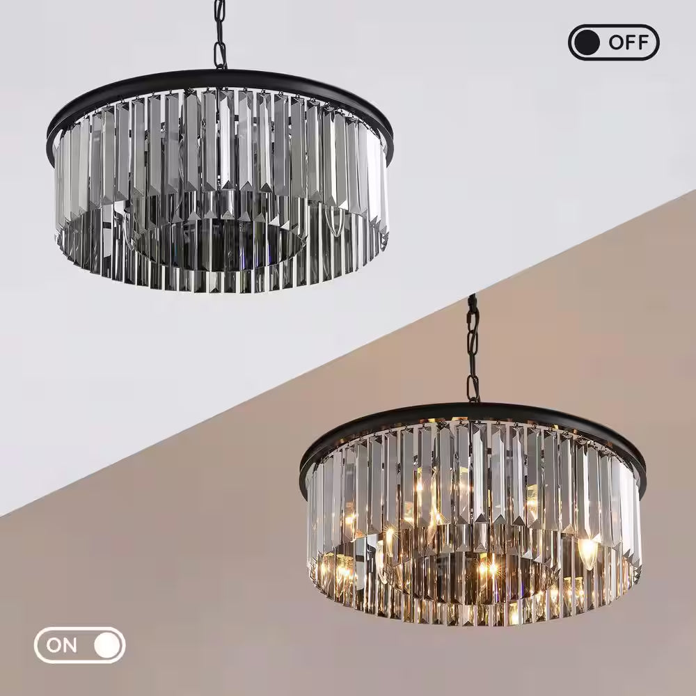 22 In. 6-Light Black Farmhouse Pendant Light Fixtures Crystal Drum Chandelier Dining Room Pendant Lighting