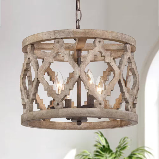 Rustic Bronze Farmhouse Drum Island Chandelier with Solid Wood Cage Shade Classic Candlestick Chandelier 4-Light Pendant