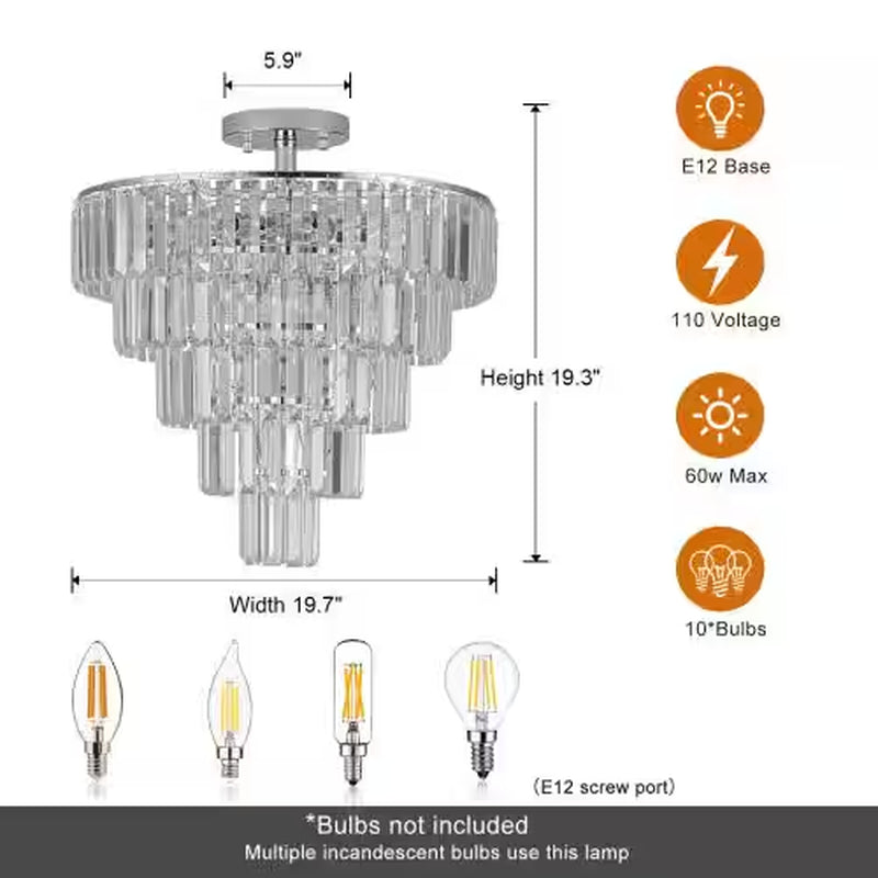 10-Light Chrome Crystal 5-Tier Chandelier for Living Room, Dining Room, Bedroom, Hallway with No Bulbs Included