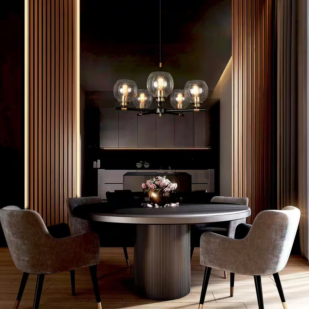 Transitional Sputnik Dining Room Chandelier 5-Light Modern Black and Gold Candle Chandelier with Seeded Glass Shades