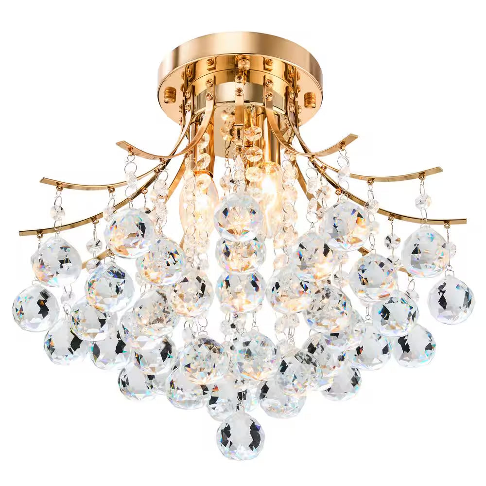 15.4 In. 3-Light Gold Crystal Chandelier Flush Mount Ceiling Light Fixture