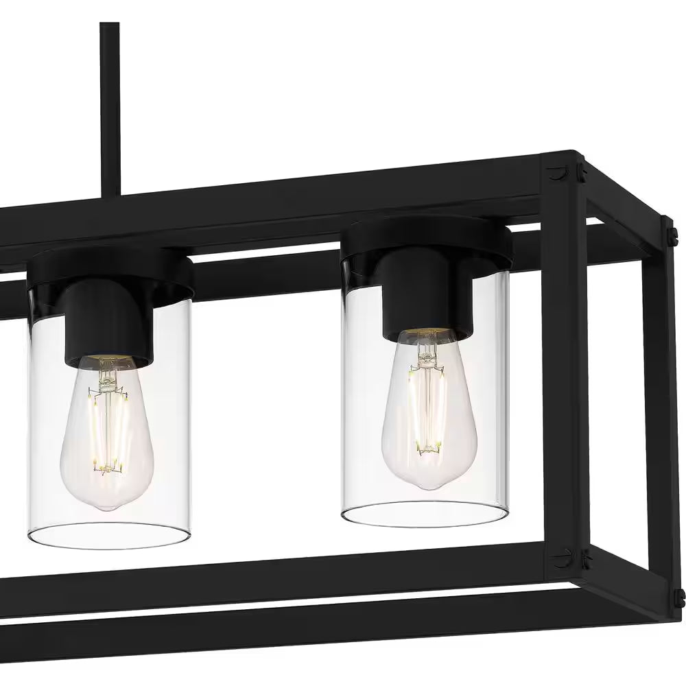 4-Light Matte Black Outdoor Linear Chandelier with Clear Glass Shades