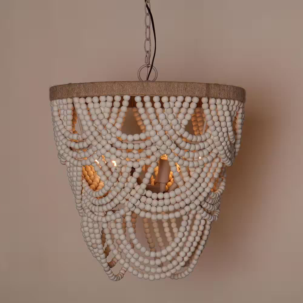 Hatfield 4-Light Bohemia Style Natural Wood Beaded Tiered Chandelier with Rope Accents