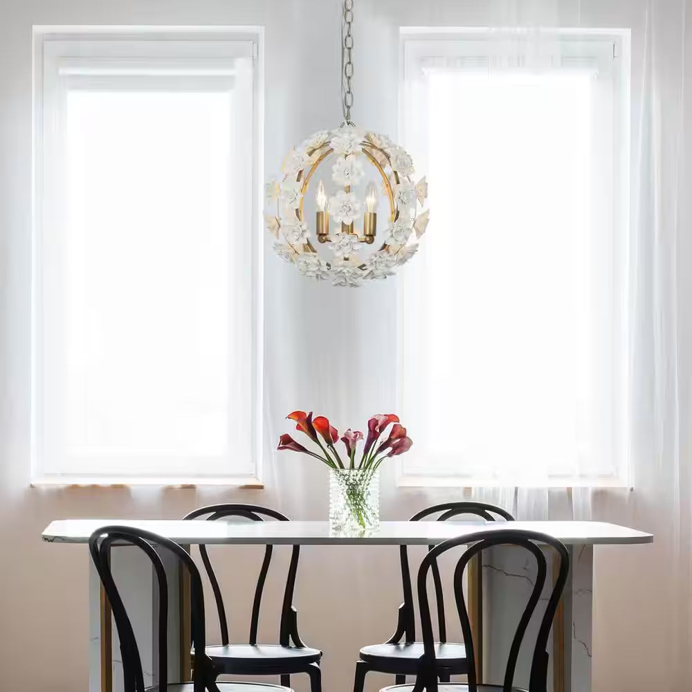 3-Light Gold Globe Chandelier with White Ceramic Flowers